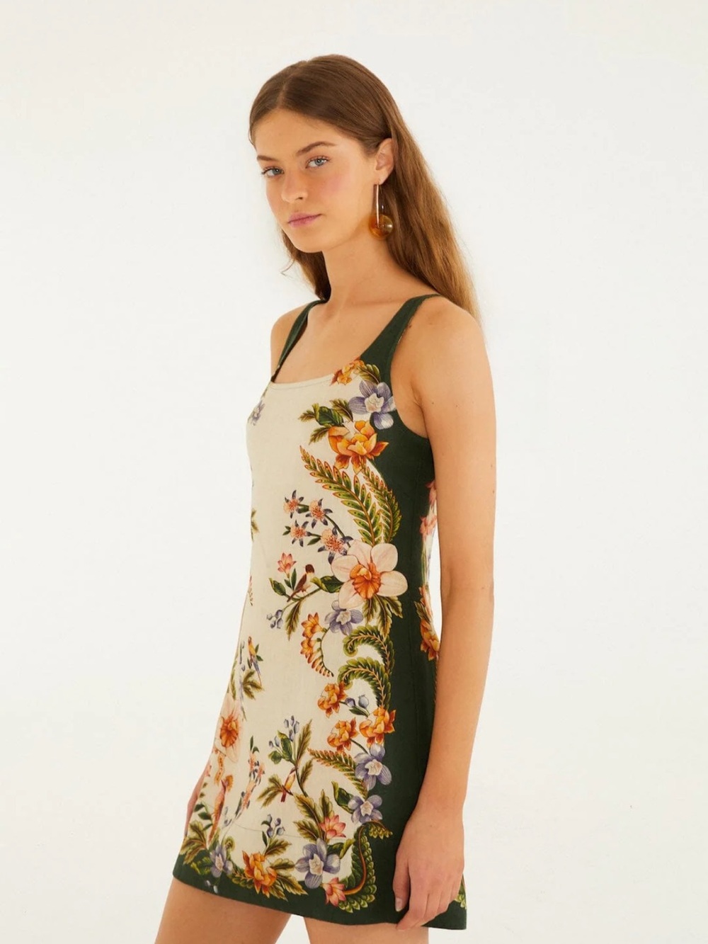 FARM Rio Sand Nature Square Neck Mini Dress in Cream and Dark Green
